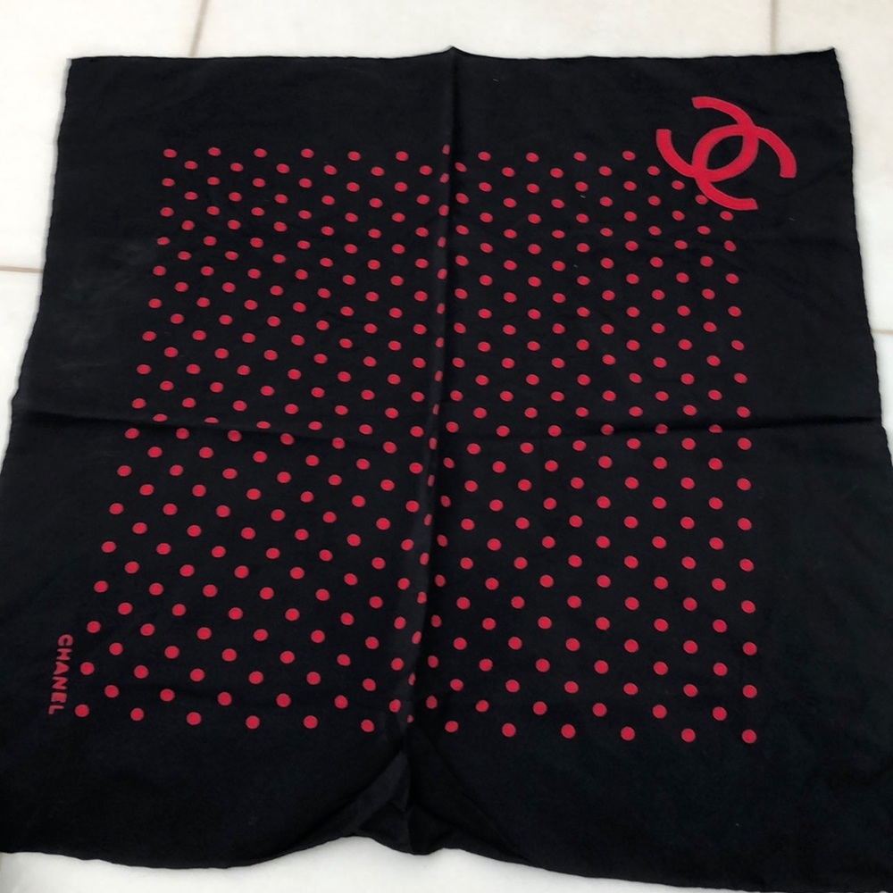 Chanel red and black polka dot silk pocket square